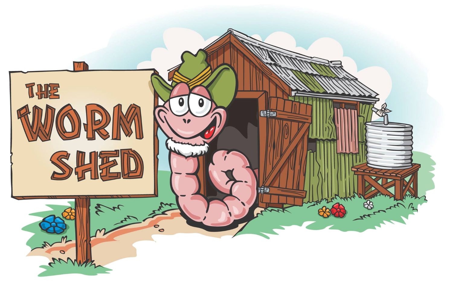 A colorful cartoon logo featuring a friendly pink earthworm wearing a green cowboy hat. The worm is emerging from a rustic wooden and corrugated iron garden shed next to a wooden sign.